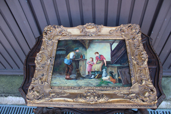 Flemish school oil panel family rabbits feed painting signed