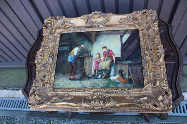 Flemish school oil panel family rabbits feed painting signed