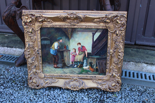 Flemish school oil panel family rabbits feed painting signed