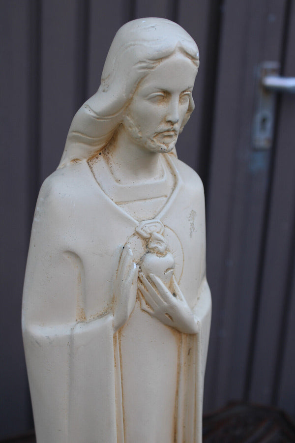 Antique french art deco ceramic chalk sacred heart jesus statue religious
