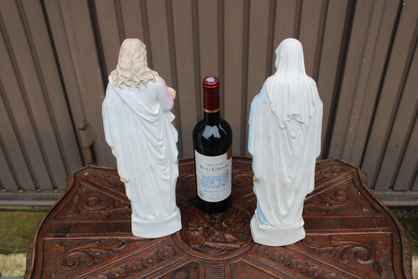 antique french pair Bisque porcelain paster color Sacred heart jesus mary statue