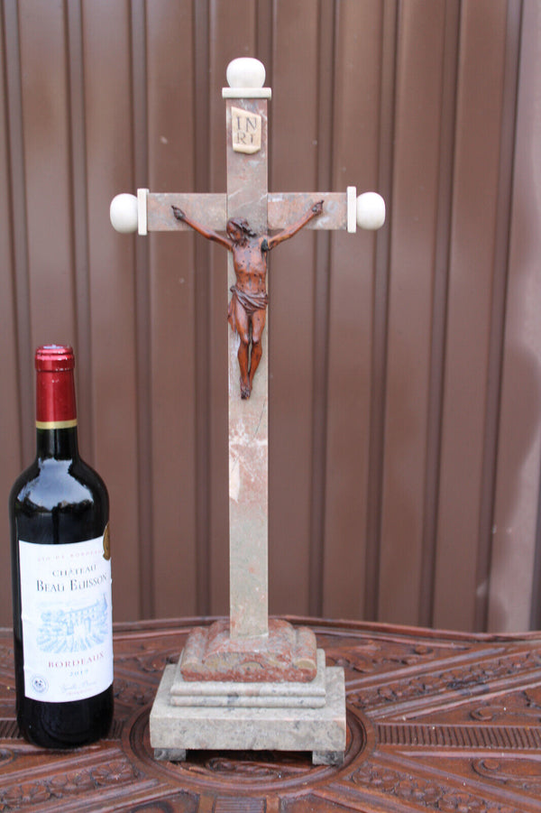 Antique Marble wood carved corpus altar crucifix religious 19thc