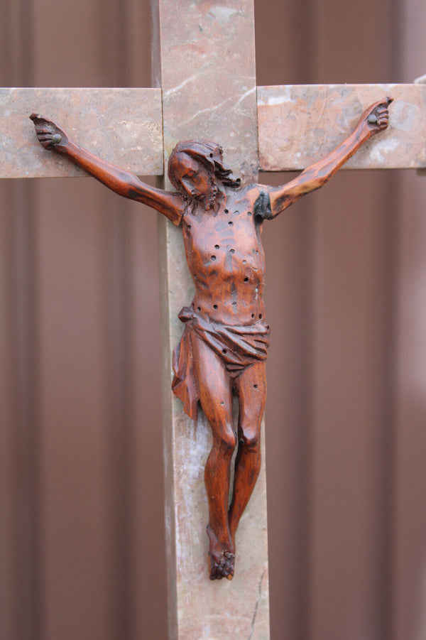 Antique Marble wood carved corpus altar crucifix religious 19thc