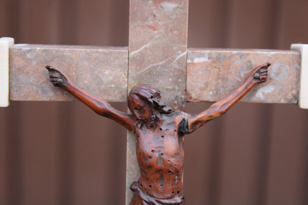Antique Marble wood carved corpus altar crucifix religious 19thc
