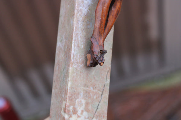 Antique Marble wood carved corpus altar crucifix religious 19thc