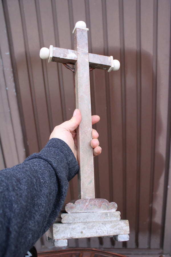 Antique Marble wood carved corpus altar crucifix religious 19thc
