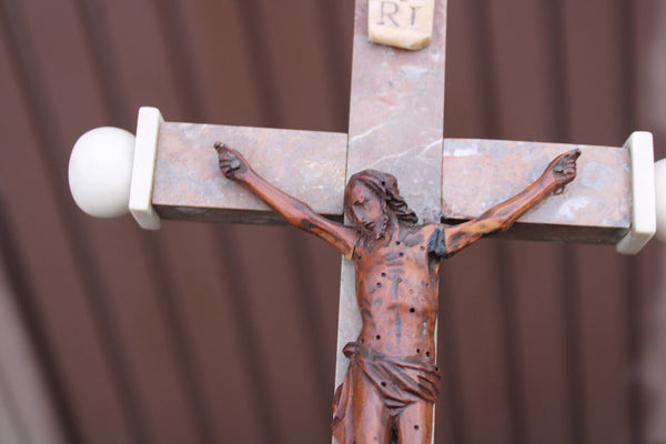 Antique Marble wood carved corpus altar crucifix religious 19thc