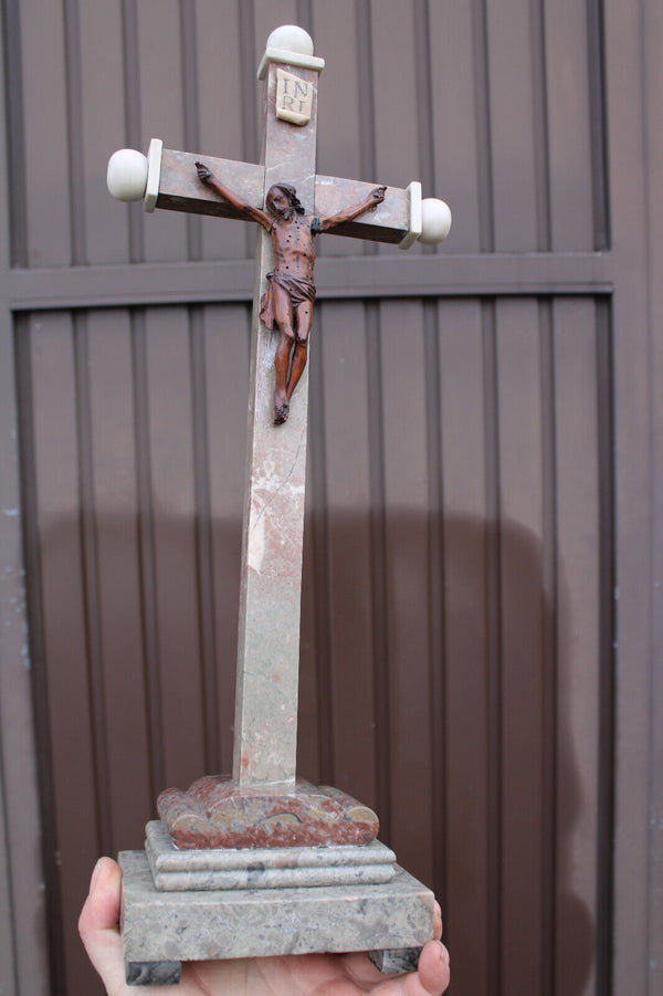 Antique Marble wood carved corpus altar crucifix religious 19thc