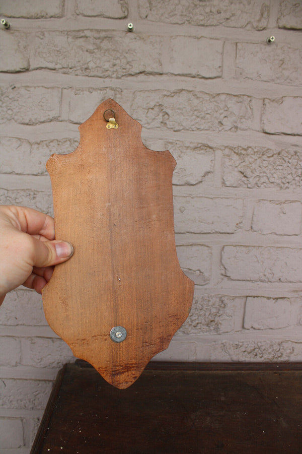 Vintage french rare holy water font metal joan of arc jeanne Wall plaque wood