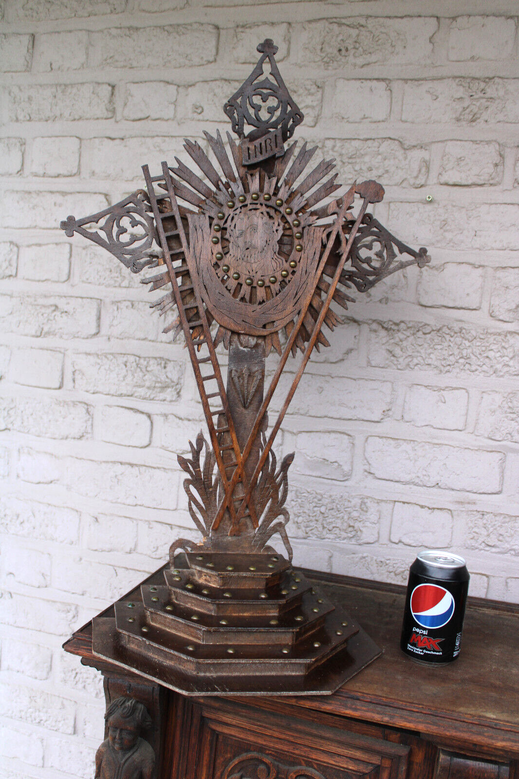 XL antique wood cut Crucifix portrait christ religious rare