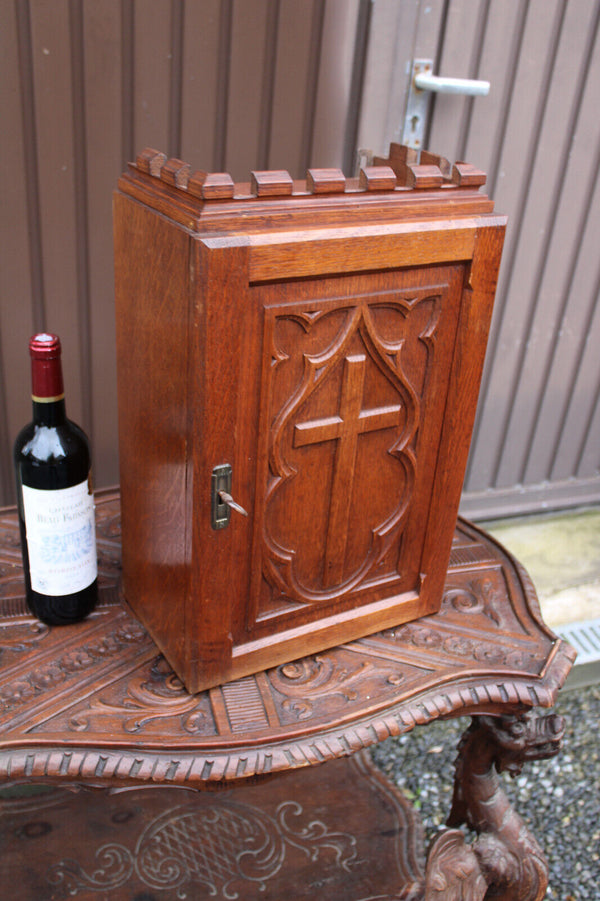 Antique French sacristy religious wall cabinet wood carved priest room rare