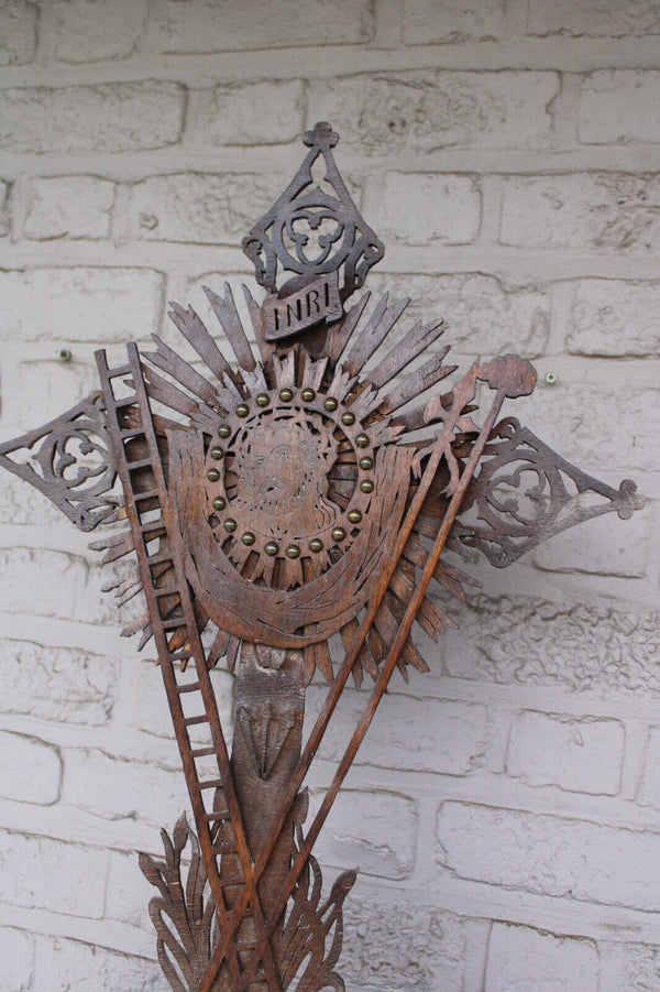 XL antique wood cut Crucifix portrait christ religious rare