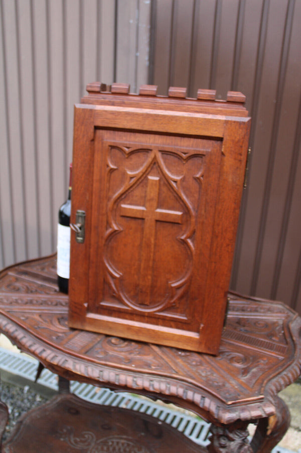 Antique French sacristy religious wall cabinet wood carved priest room rare