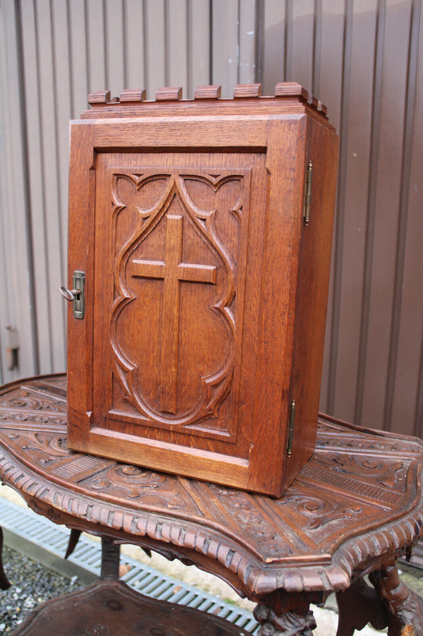 Antique French sacristy religious wall cabinet wood carved priest room rare