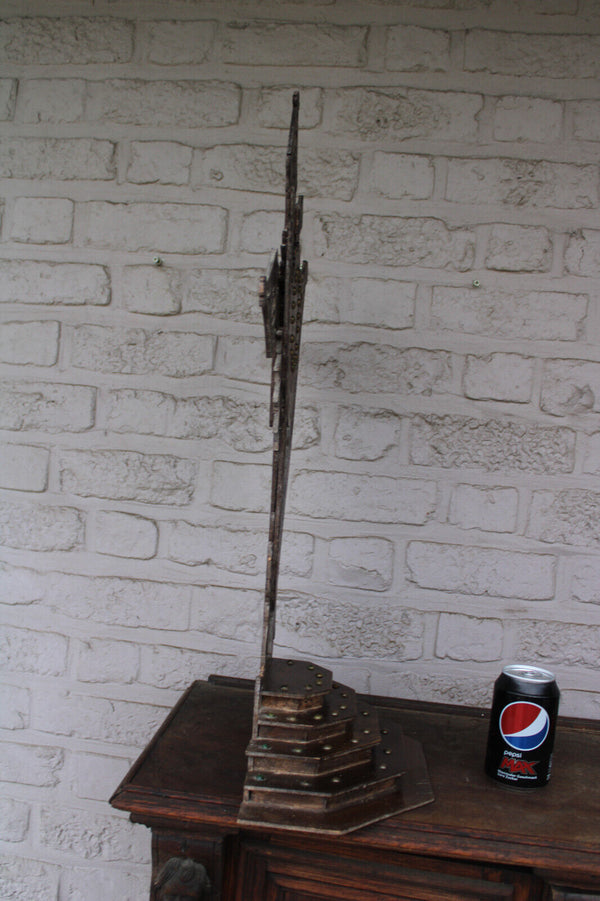 XL antique wood cut Crucifix portrait christ religious rare