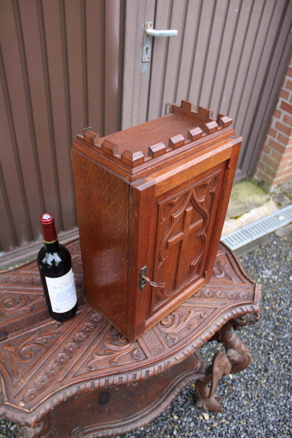 Antique French sacristy religious wall cabinet wood carved priest room rare