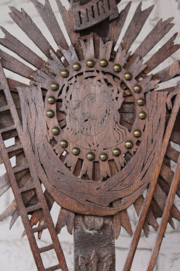 XL antique wood cut Crucifix portrait christ religious rare