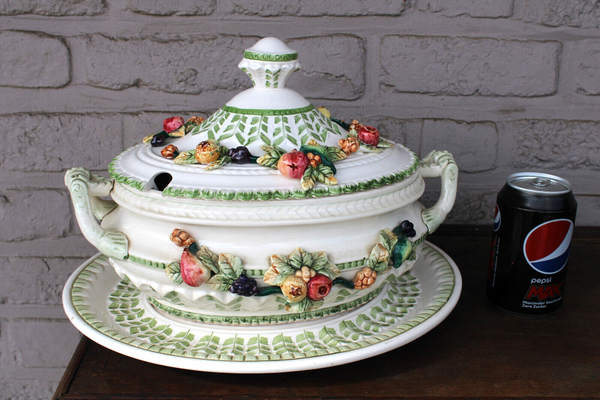 1970 French porcelain  soup tureen bowl on plate with vegetables fruit decor
