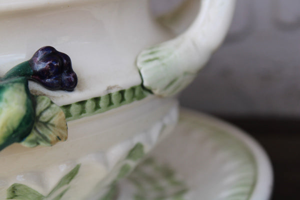 1970 French porcelain  soup tureen bowl on plate with vegetables fruit decor