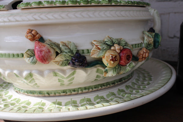 1970 French porcelain  soup tureen bowl on plate with vegetables fruit decor