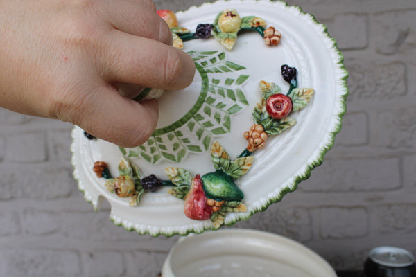 1970 French porcelain  soup tureen bowl on plate with vegetables fruit decor