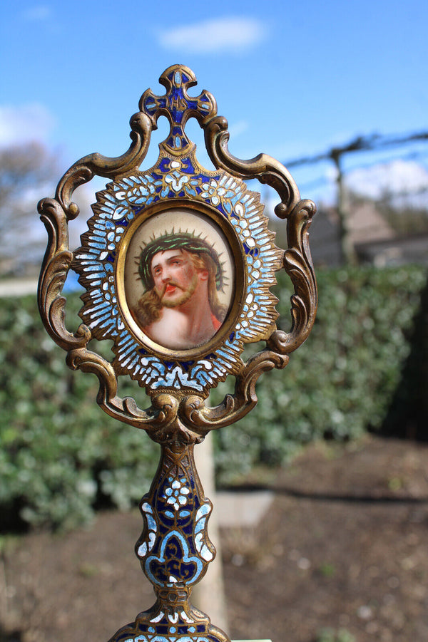 Antique french cloisonne enamel crucifix portrait christ porcelain onyx marble