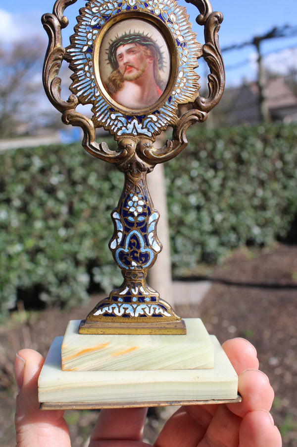 Antique french cloisonne enamel crucifix portrait christ porcelain onyx marble