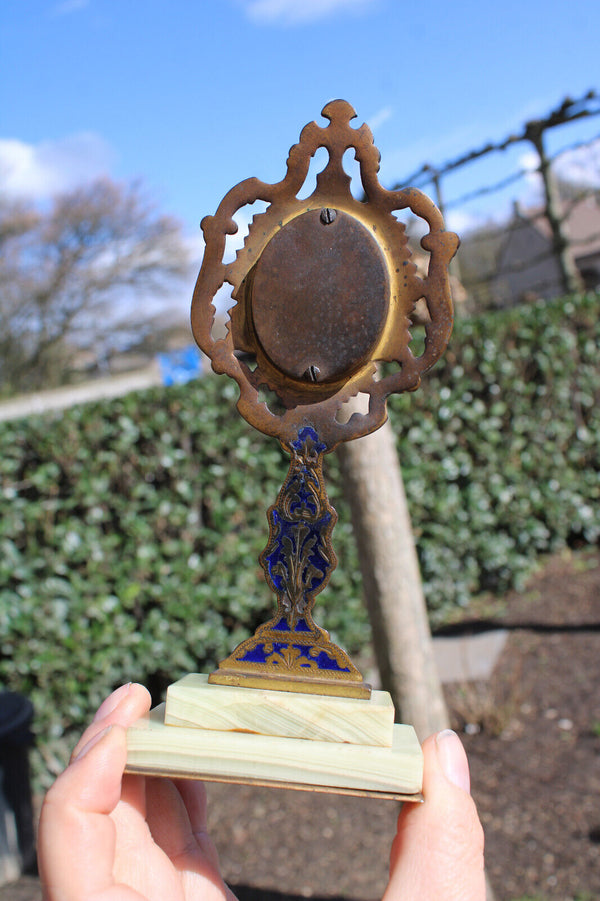 Antique french cloisonne enamel crucifix portrait christ porcelain onyx marble