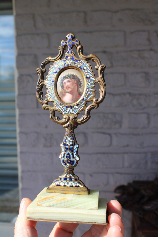 Antique french cloisonne enamel crucifix portrait christ porcelain onyx marble