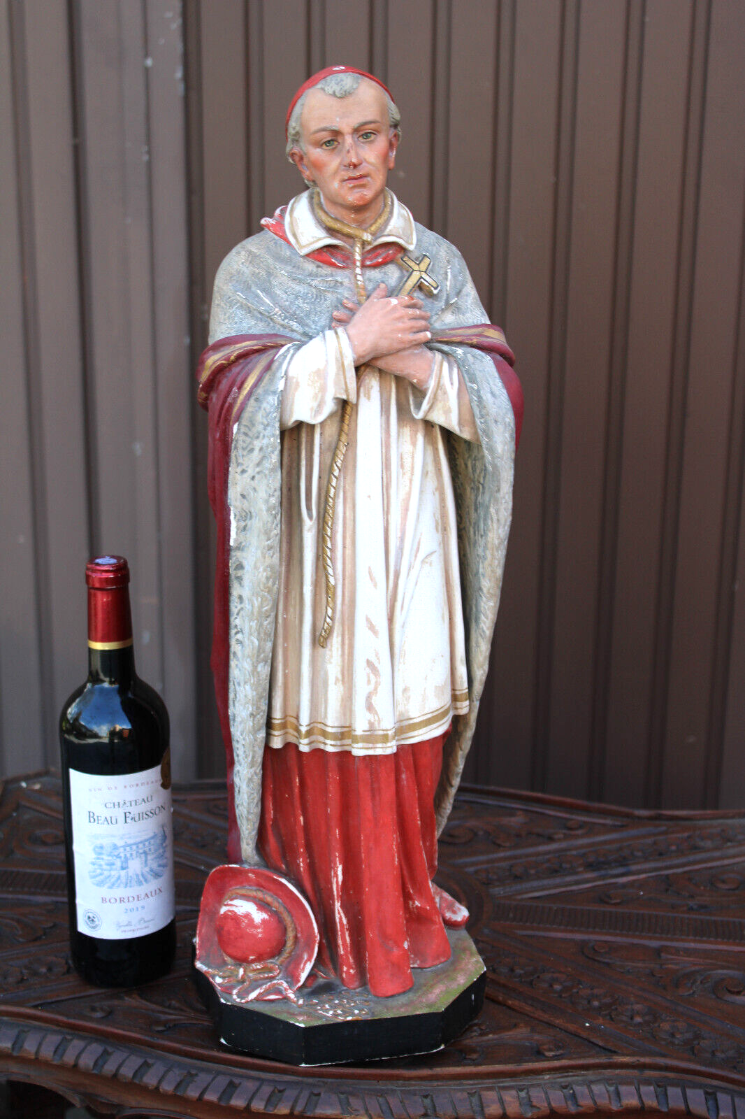 Antique large rare ceramic chalk statue saint Charles Borromeo religious church