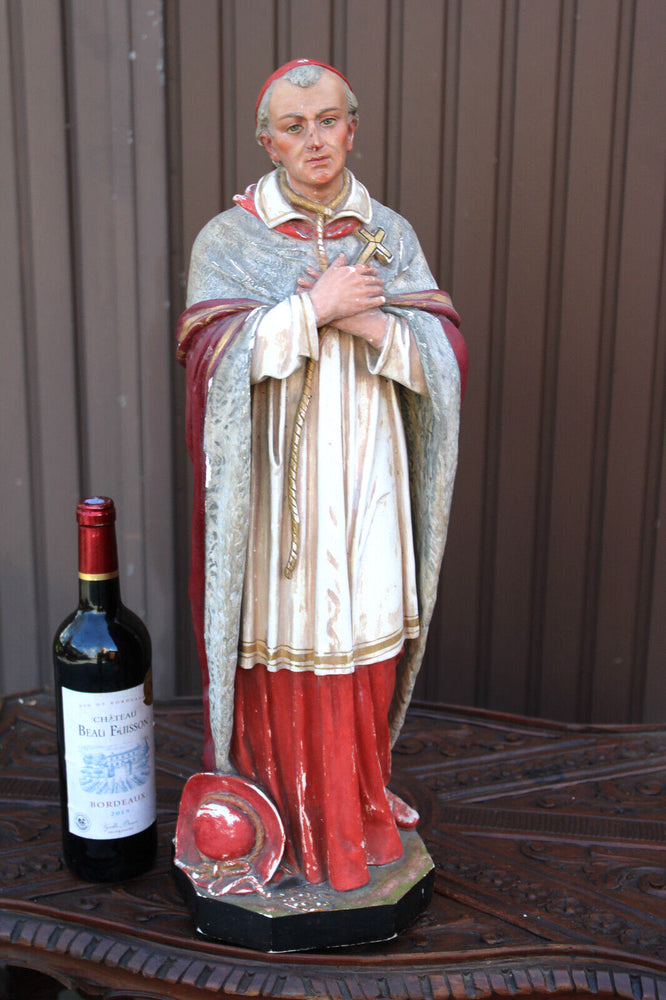 Antique large rare ceramic chalk statue saint Charles Borromeo religious church