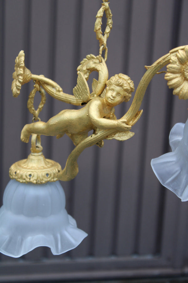 Vintage brass putti cherub angel chandelier lamp rare glass shades