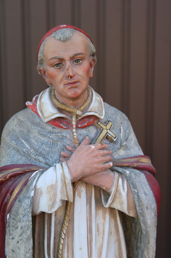 Antique large rare ceramic chalk statue saint Charles Borromeo religious church