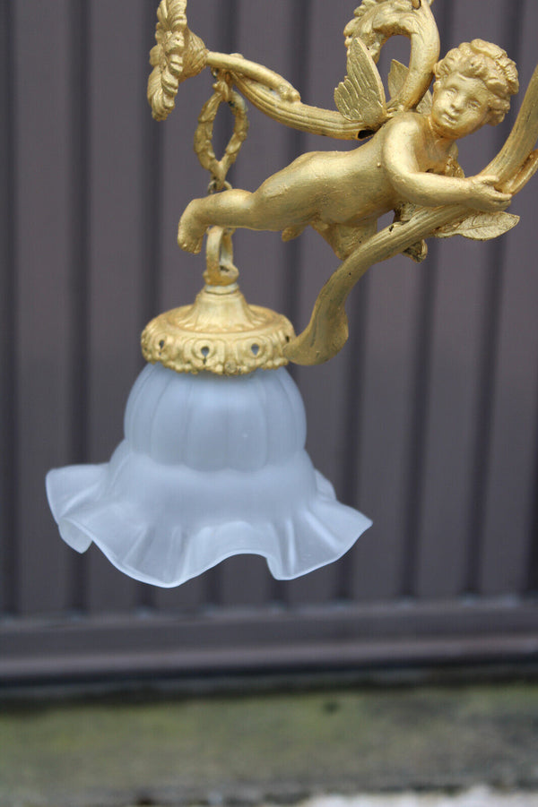 Vintage brass putti cherub angel chandelier lamp rare glass shades