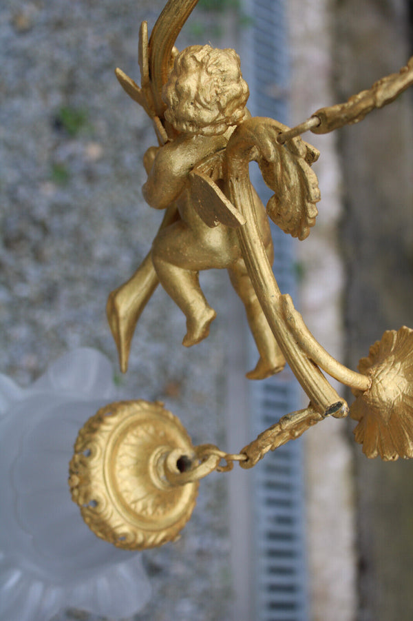 Vintage brass putti cherub angel chandelier lamp rare glass shades
