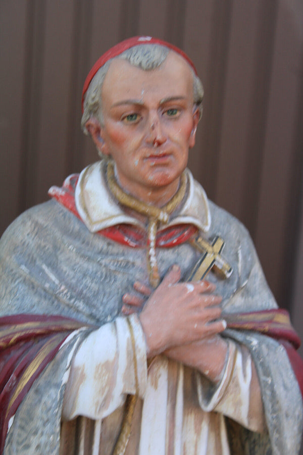 Antique large rare ceramic chalk statue saint Charles Borromeo religious church