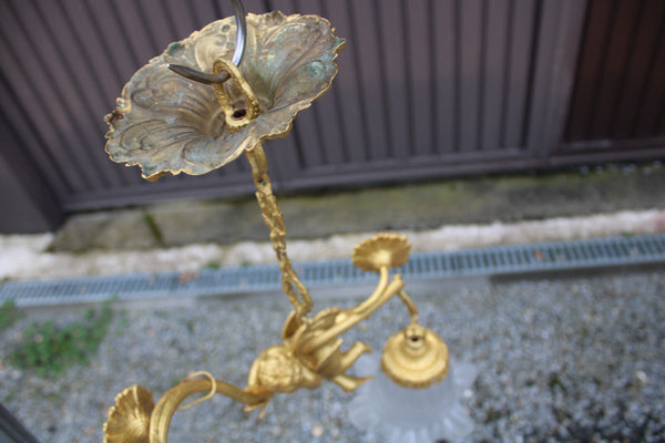 Vintage brass putti cherub angel chandelier lamp rare glass shades
