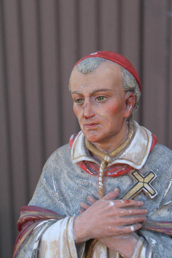 Antique large rare ceramic chalk statue saint Charles Borromeo religious church