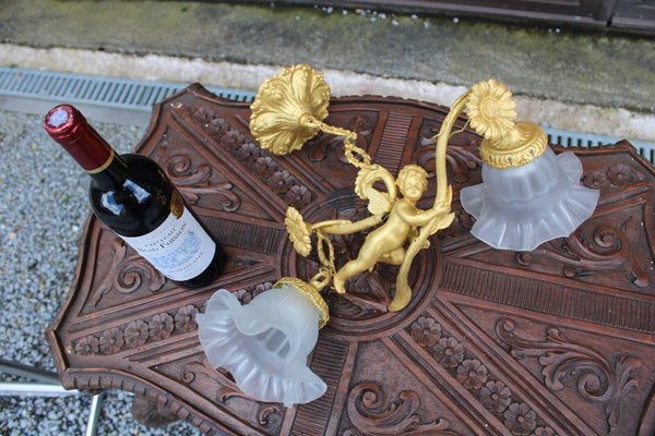 Vintage brass putti cherub angel chandelier lamp rare glass shades