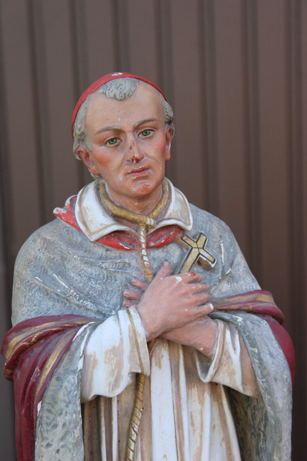 Antique large rare ceramic chalk statue saint Charles Borromeo religious church