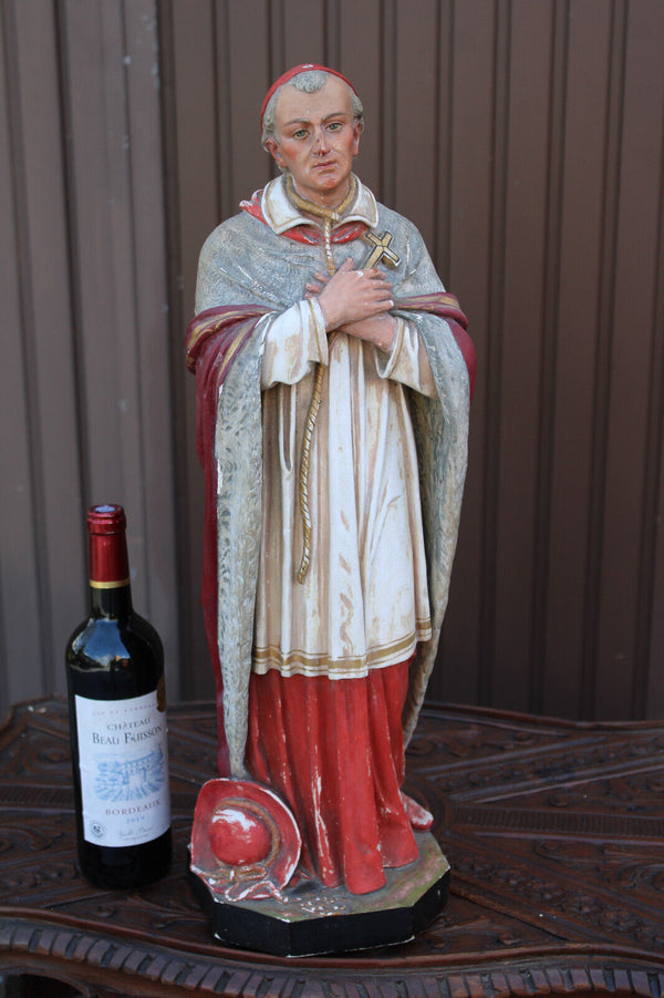 Antique large rare ceramic chalk statue saint Charles Borromeo religious church