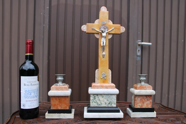 Antique french marble crucifix altar set candle holders religious
