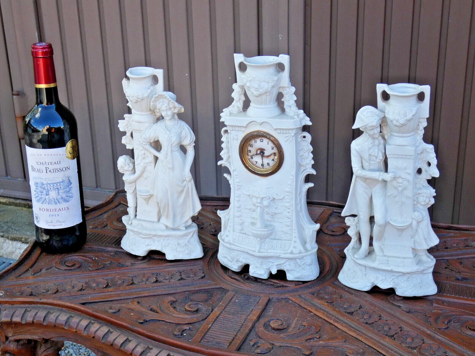 Antique german grafenthal porcelain bisque mantel clock set figurine satyr heads