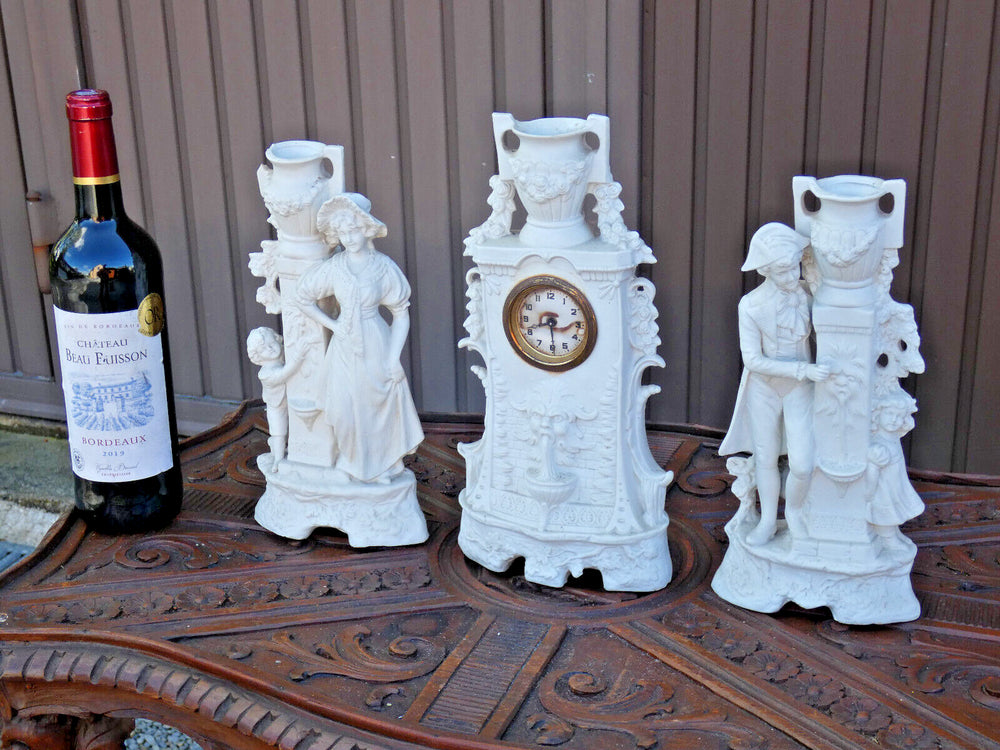 Antique german grafenthal porcelain bisque mantel clock set figurine satyr heads