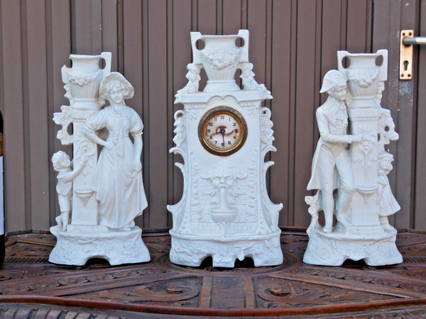 Antique german grafenthal porcelain bisque mantel clock set figurine satyr heads
