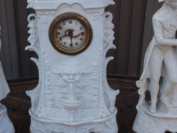 Antique german grafenthal porcelain bisque mantel clock set figurine satyr heads