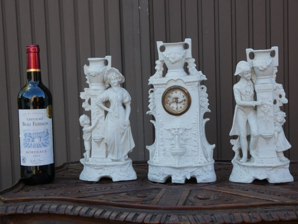 Antique german grafenthal porcelain bisque mantel clock set figurine satyr heads