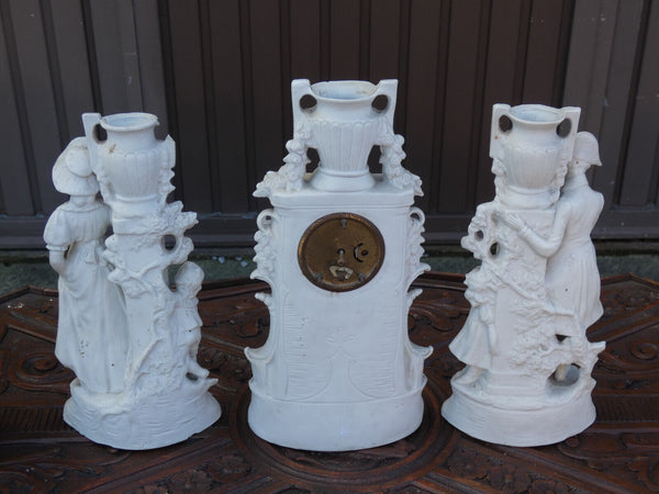 Antique german grafenthal porcelain bisque mantel clock set figurine satyr heads