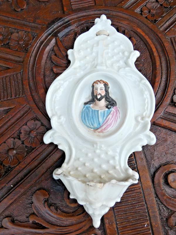 Antique Vieux paris porcelain jesus portrait holy water font plaque