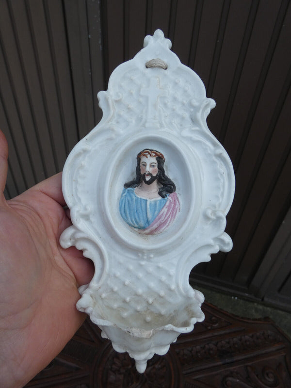 Antique Vieux paris porcelain jesus portrait holy water font plaque